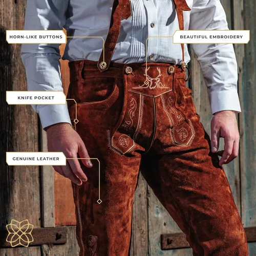 Vista 4 de BAVARIA TRACHTEN Lederhosen - Traje de cuero genuino para hombre, traje de Oktoberfest alemán auténtico para hombre, color marrón claro, largo
