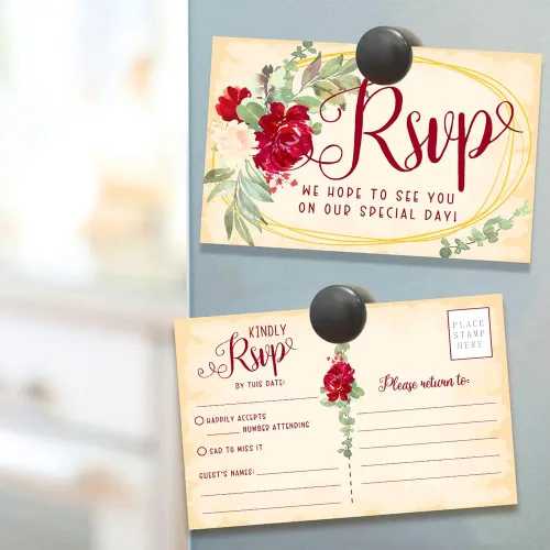 Vista 6 de Tarjetas postales RSVP - Invitaciones y sobres con tema de rosas burdeos para boda - Kit de invitación de boda minimalista, tarjetas RSVP en blanco