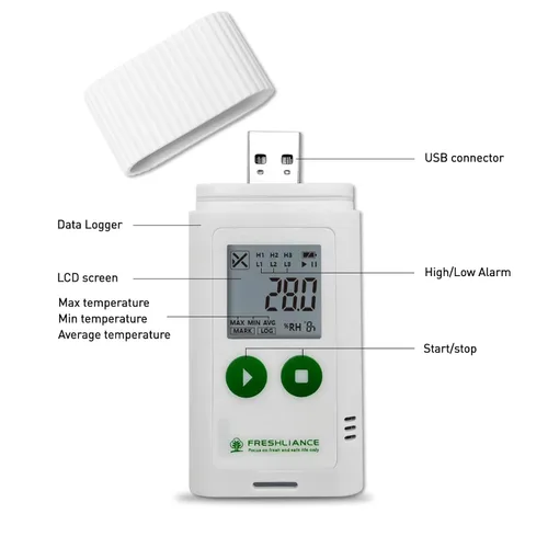 Vista 4 de Registrador de datos de temperatura USB Freshliance, termómetro digital LCD configurable para refrigerador con informe PDF o CSV, monitor