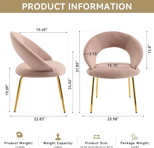 Vista 2 de Modern Dining Chairs with Curved Backrest and Metal Legs, Teddy Fabric Upholstered Desk Chair for Kitchen Dining Room Table & Chair Sets, Seating