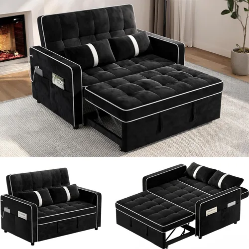 Vista 10 de Yaheetech Sofá cama convertible 3 en 1, sofá cama plegable de terciopelo con respaldo ajustable, almohadas para reposabrazos, puertos USB, bolsillos