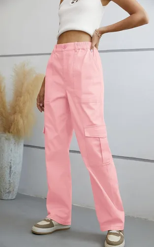 Vista 5 de QUEZHU Pantalones cargo para mujer, holgados, cintura elástica, pantalones de paracaídas, ajuste relajado, pantalones militares casuales