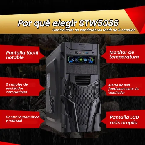 Vista 4 de Controlador de ventilador con monitor de temperatura, control automático de velocidad, LCD, panel frontal táctil de 5,25" de 5 canales