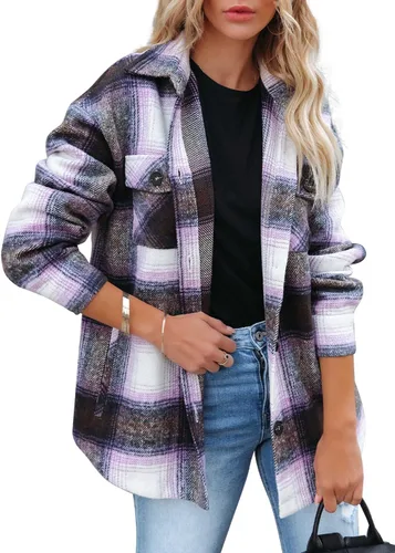 Vista 21 de Beaully Chaqueta-Camisa de Franela a Cuadros para Mujer, Trajes de Otoño 2025, Camisa de Manga Larga con Botones, Chaqueta Abrigo con Bolsillos Negro