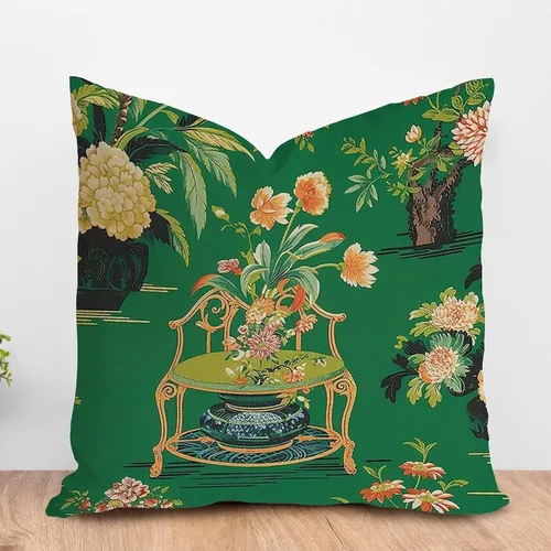 Vista 24 de ArogGeld Chinoiserie - Funda de cojín para sofá, diseño floral de peonía, color verde azulado, verde y rojo, diseño de peonía, diseño escénico
