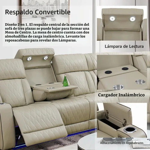 Vista 2 de Juego de sofá modular reclinable eléctrico para sala de estar, juego de sofá reclinable de cuero con luces LED / almacenamiento oculto, sofá