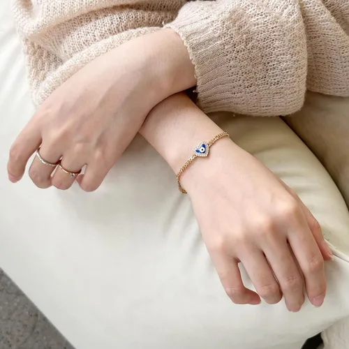 Vista 2 de HZMAN Pulsera de ojo turco chapada en oro rosa de 14 quilates para mujeres y niñas, pulsera de protección de la suerte, pulsera ajustable