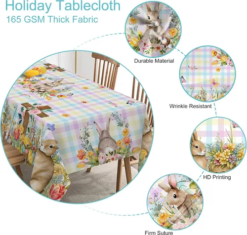 Vista 4 de Mantel Redondo de Pascua, Mantel Redondo de Mesa de Pascua de 70 Pulgadas con Conejo y Huevos, Cubierta de Mesa de Cocina a Cuadros Búfalo