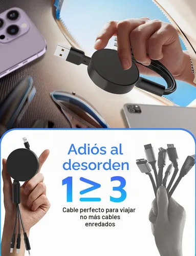 Vista 8 de Cable de carga retráctil USB a cable de carga rápida tipo C múltiple de 5A