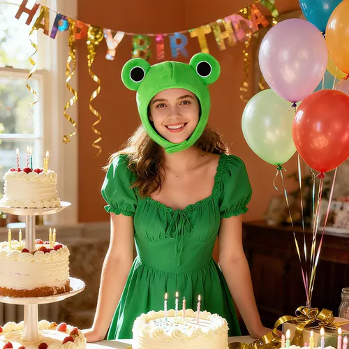 Vista 6 de Amosfun Sombrero de rana de felpa para adulto, divertido sombrero de animal de felpa con ojos grandes, lindo accesorio de disfraz de rana