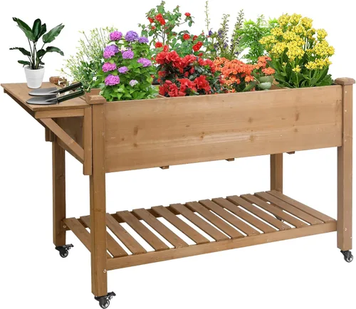 Vista 10 de Cama de jardín elevada para exteriores, jardineras de madera con patas forro protector y agujeros de drenaje, macizos de flores elevados para jardín