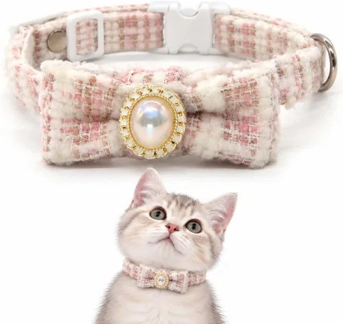 Vista 8 de Collar de gato de terciopelo suave con campana, collar ajustable para Rosa (Flower Pink)