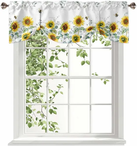 Vista 6 de Cortinas florales pequeñas para ventana de baño y cocina, 1 paquete de cortinas aislantes térmicas con lazos de 60 x 18 pulgadas, girasoles, abejas