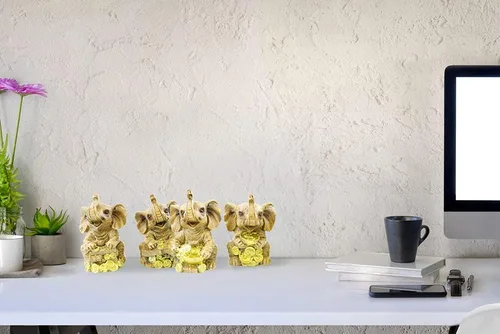 Vista 6 de Juego de 4 estatuas de tronco de elefante dorado, riqueza de la suerte de Feng Shui, decoración del hogar, cumpleaños, felicitación, regalo