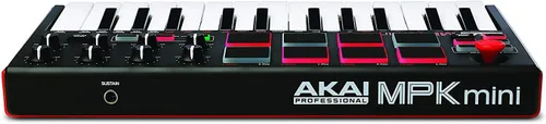 Vista 2 de Akai Controlador MIDI USB profesional MPK Mini Mk2 de 25 teclas con control de palanca, arpegiador incorporado, perillas asignables, incluye cable