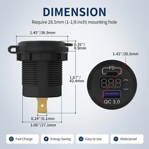 Vista 2 de DaierTek Paquete de 3 enchufes de cargador de coche USB C de 12 V, 48 W PD y QC 3.0 de carga rápida con voltímetro e interruptor