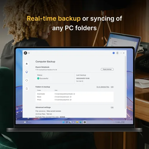 Vista 3 de Synology BeeDrive 1TB │ Copia de seguridad simultánea de archivos de Windows y fotos de iOS/Android │ Transfiere archivos de teléfono inteligente a