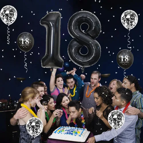 Vista 5 de Decoraciones de cumpleaños número 18 para niños y niñas, globo de aluminio con el número 18 de 40 pulgadas, globos de látex negros y metálicos