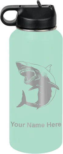 Vista 66 de LaserGram Botella de agua personalizada, gran tiburón blanco, acero inoxidable de doble pared aislada al vacío con popote superior, regalo grabado