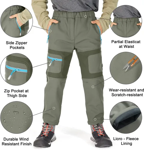 Vista 2 de linlon Pantalones cargo de senderismo para niños y jóvenes, impermeables, con forro polar suave y forro polar, pantalones de nieve aislados, Nieve