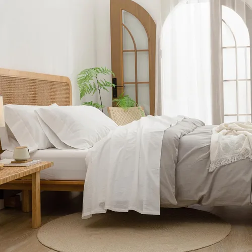 Vista 14 de BESTOUCH Juego de sábanas 100% algodón lavado, tacto de lino, súper suave, cómodo, elegante, ligero, juego de ropa de cama de 3 piezas, color gris