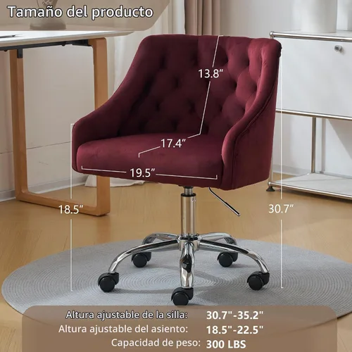 Vista 3 de Silla de Oficina para Hogar, Silla Giratoria de Terciopelo Ajustable con Decoración de Clavos, con Brazos, Silla de Tocador para Dormitorio