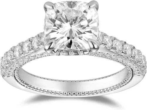 Vista 2 de DovEggs Moissanite Engagement Rings for Women 2ct 7.5x7.5mm G-H-I Color Cushion Lab Created Moissanite Hidden Halo Wedding Ring pave 14k Gold