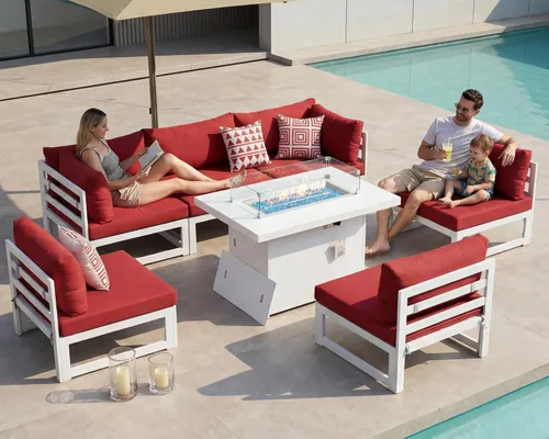 Vista 69 de BULEXYARD - Sofá modular de aluminio para exteriores con mesa para fogata, 7 piezas, color verde azulado