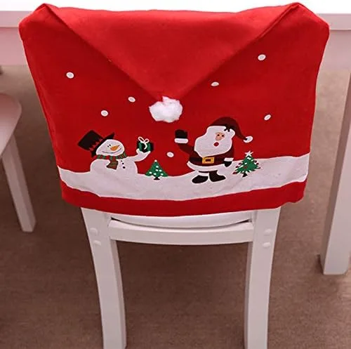 Vista 6 de Ewer Funda para silla con gorro de Papá Noel, 6 fundas de silla de Navidad, decoración no tejida, muñeco de nieve rojo, cubierta trasera para silla
