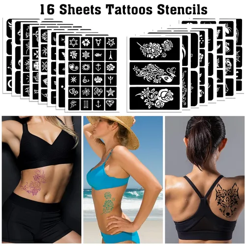 Vista 3 de Qpout Plantillas de tatuaje para niños y adultos, kit de plantillas de tatuaje de henna, diseño de plantillas de tatuaje pequeñas y grandes