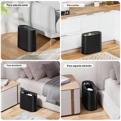 Vista 6 de SUBEKYU Basurero de 2.3 galones para baño, pequeño bote de basura de oficina para cocina, papelera rectangular delgada, plástico, negro