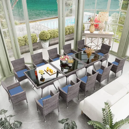 Vista 14 de Juego de 10 piezas de comedor para patio al aire libre, mesa de patio y sillas de ratán con agujero para paraguas, juego de mesa de comedor para 8