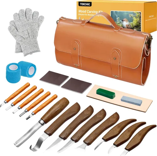 Vista 9 de Kit de Tallado de Madera Deluxe Tekchic - Cuchillo de Tallado, Juego de Cuchillos para Tallar Madera, Kit de Tallado de Madera para Principiantes