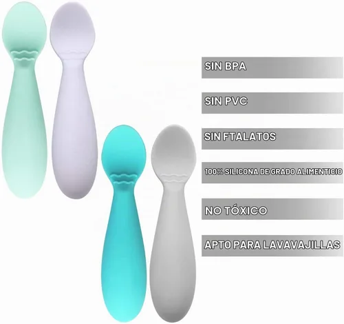 Vista 3 de PandaEar Cucharas para bebés sin BPA, paquete de 4, silicona suave, utensilio de mango de grasa de alimentación automática