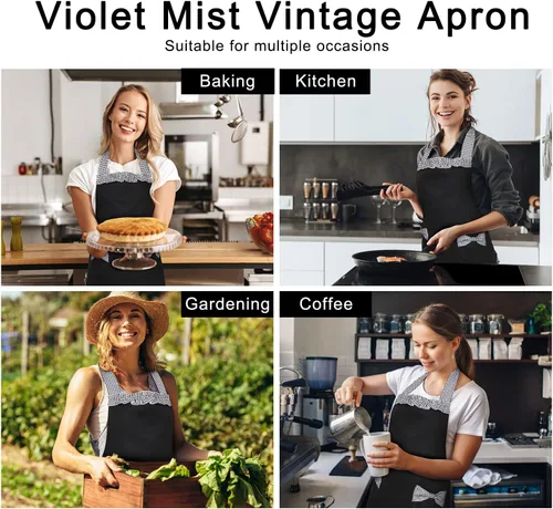 Vista 5 de Violet Mist Lindos delantales negros para mujeres con bolsillos, delantales vintage retro elegantes para niñas con lazo, vestido sexy de los años