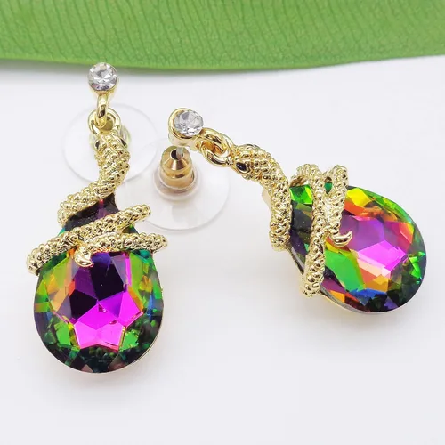 Vista 81 de Navachi Pendientes colgantes de gota de serpiente con forma de pera multicolor de cristal chapado en oro de 18 quilates