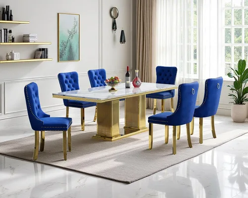 Vista 22 de Juego de mesa de comedor de mármol para 4, mesa de cocina rectangular de mármol negro de 68 pulgadas con base en H de acero inoxidable dorado, juego