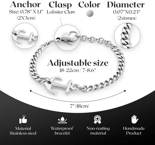 Vista 5 de Galis Mens Bracelet with Stainless Steel Anchor Pendant, Silver Plated Chain Non Tarnish Bracelets for Men, Stylish Birthday Gift For Men, Trendy