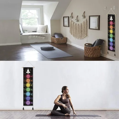 Vista 6 de DigiTizerArt Póster colgante en lienzo para meditación, 7 chakras y yoga, pintura tapiz colgante de pared blanco y negro 13.0 x 53.1 in (negro)