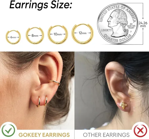 Vista 4 de Gokeey Small Gold Huggie Hoop Earrings Set for Women 14K Real Gold Plated Hypoallergenic Lightweight Earrings for Sensitive Ears Everyday Earrings