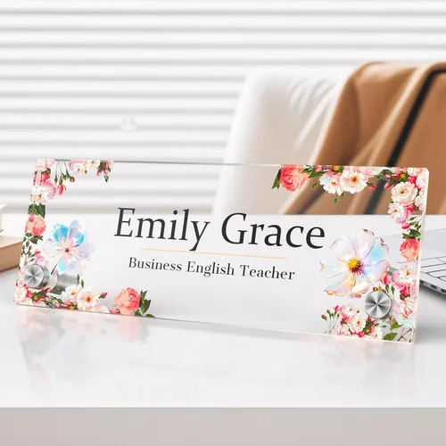 Vista 11 de Placa de identificación personalizada para escritorio, decoración de oficina de acrílico transparente con diseño de flores, decoraciones