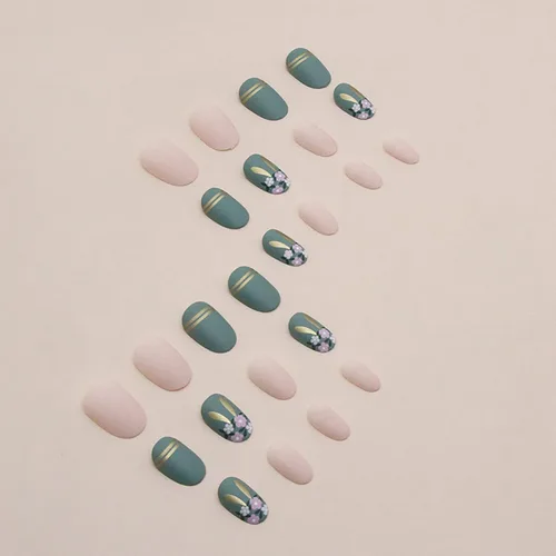 Vista 3 de Uñas postizas cortas ovaladas a presión, con forma de ataúd, reutilizables, uñas postizas adhesivas con línea dorada con purpurina y diseño