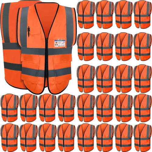 Vista 8 de Leumoi Paquete de 30 chalecos de seguridad reflectantes con bolsillos y cremallera de alta visibilidad para mujeres y hombres para el trabajo