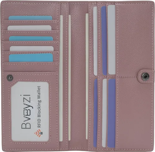 Vista 23 de Bveyzi Portamonedas de Cuero Ultra Delgadas y Finas con Bloqueo RFID para Tarjetas de Crédito, Billetera Plegable Bifold Tipo Clutch para Mujeres