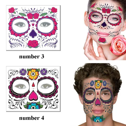 Vista 3 de Calcomanías de tatuaje facial de Halloween, tatuajes del Día de los Muertos, calcomanías de transferencia de agua con tela floral roja rosa negra