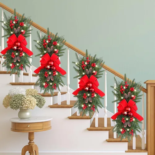 Vista 3 de Guirnalda de escaleras de Navidad preiluminada, guirnalda de Navidad, el borde de escalera preiluminado inalámbrico, coronas de Navidad para puerta