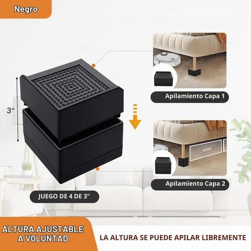 Vista 3 de Elevadores para muebles de cama, bloques de elevación ajustables, pilotes de 1.5, 3, 4 y 6 pulgadas, resistentes para cama, sofá, escritorio, mesa