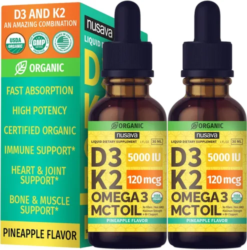 Vista 19 de Paquete de 2 gotas orgánicas de vitamina D3 K2 con aceite MCT y Omega 3 - Vitamina líquida D3 5000 UI - Suplemento de vitamina K2 D3 - Gotas