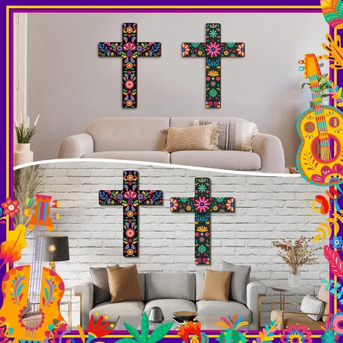 Vista 7 de Pinkunn 2 piezas de decoración de pared con cruz floral mexicana, arte de pared mexicano pintado a mano, decorativo, inspirador, cruz floral