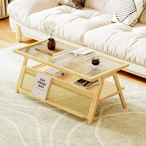 Vista 9 de Bamworld - Mesa de centro moderna de mediados de siglo con tapa de vidrio, mesa central de ratán con almacenamiento para sala de estar, color marrón